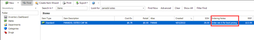 Ordering notes column in inventory grid