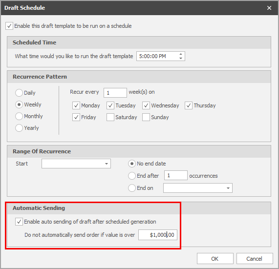 Schedule configuration with auto-send enabled
