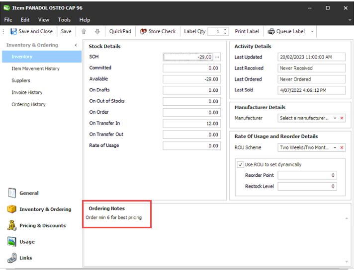 Ordering notes field in item card