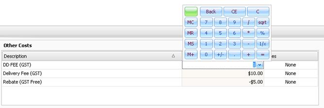 Other Costs section on Invoice screen