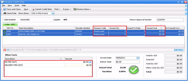 Receive Credit Note screen with items