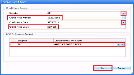 Receive Credit Note window