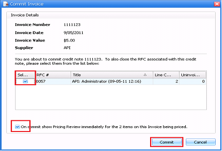 Commit Invoice window