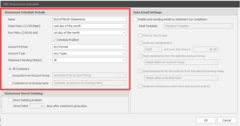 Statement schedule configuration